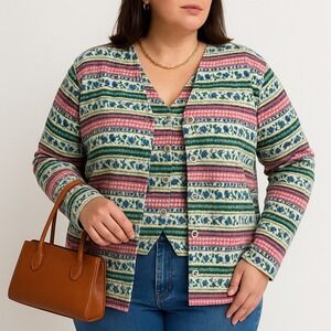 Vintage Northern Reflections Fleece Cardigan Vest Set Floral Multi Color 90s